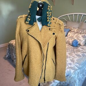Anthropologie Cartonnier Moto jacket paired with handmade fingerless gloves